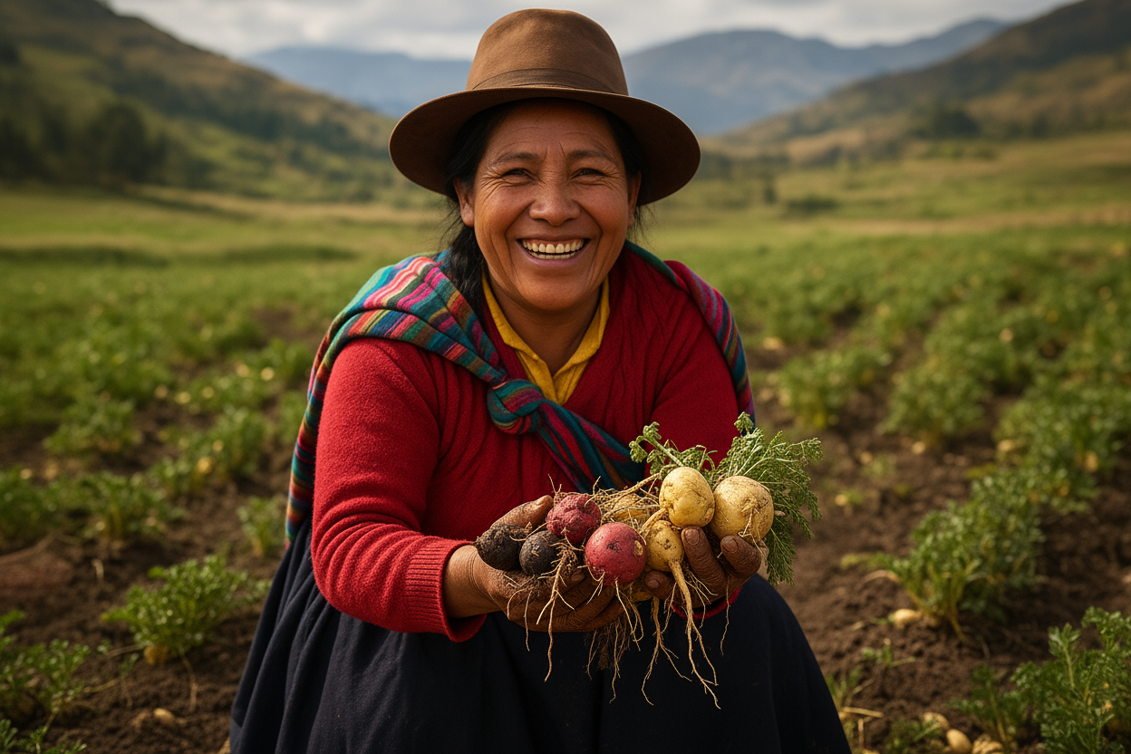 Mujer peruana con superalimentos, representando la cosecha y la tradición.